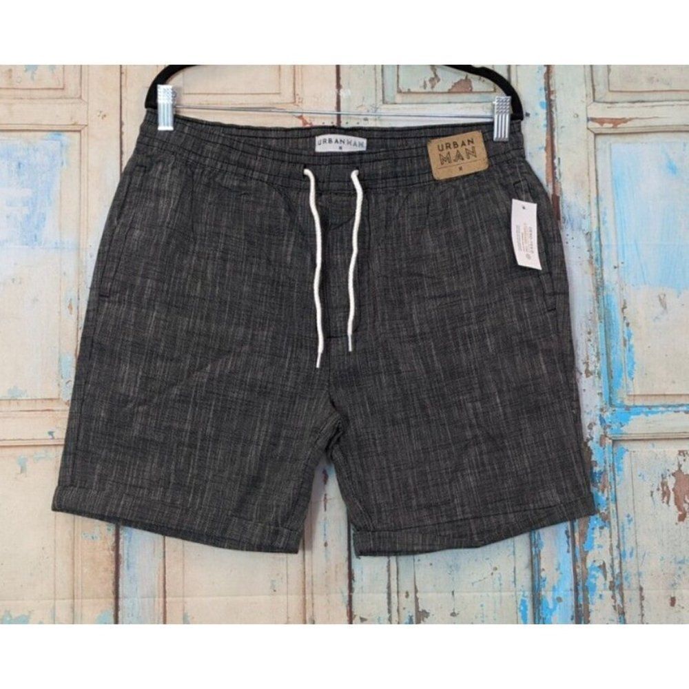 Urban Man Mens Size Medium Gray Chambray Elastic Drawstring Waist Bermuda Shorts